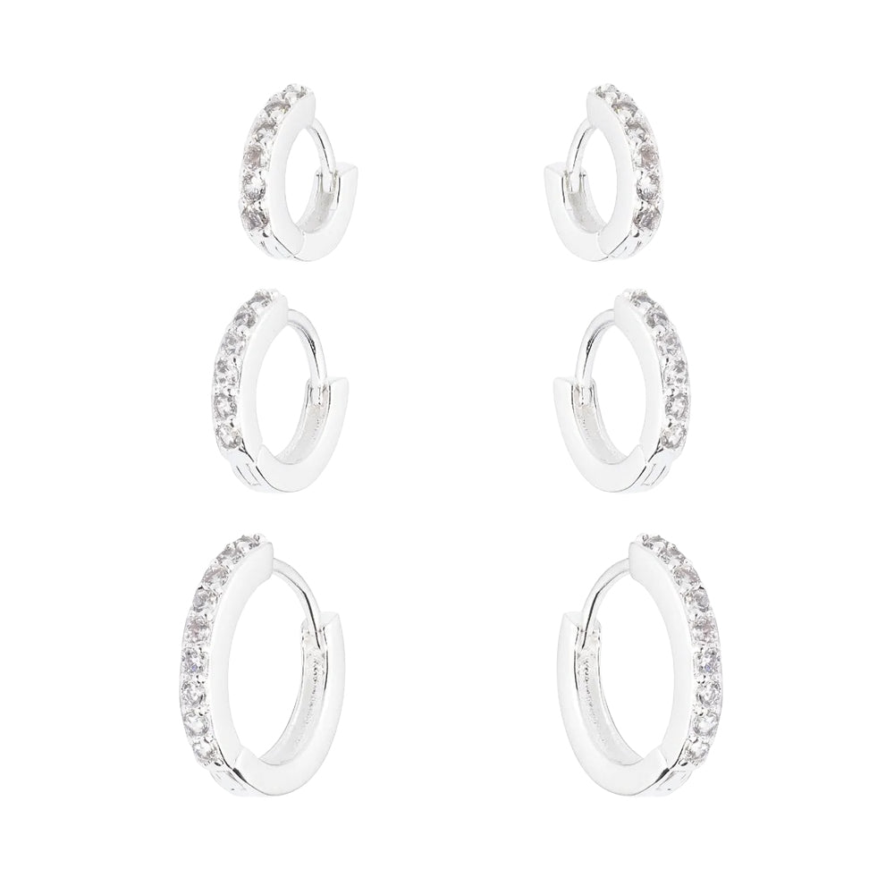 Trio de Argolas Cravejadas de Zircônias em Prata 925