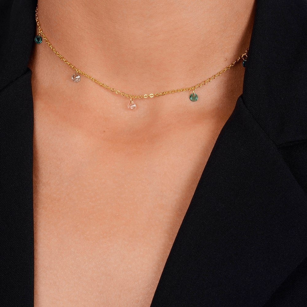 Chocker Aurora Dourado Pontos de Luz Coloridos Cristais